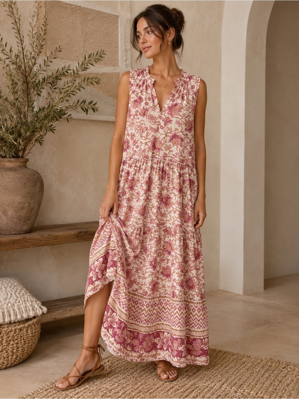 Lucky Brand Pink Floral Boho Maxi Dress Medium Sleeveless Tiered Cottagecore
